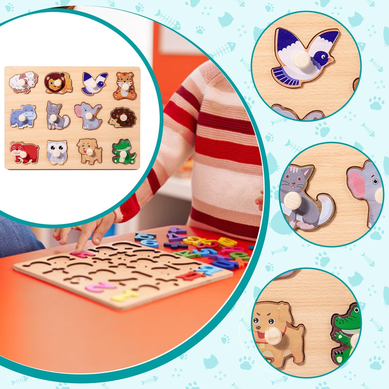 Puzzle di Apprendimento Tavola Forme in Legno Puzzle Bambini Cartone Animato Puzzle Prescolare con Peg Sviluppo Motricità Fine Adatto per Bambini Raga, Animale
