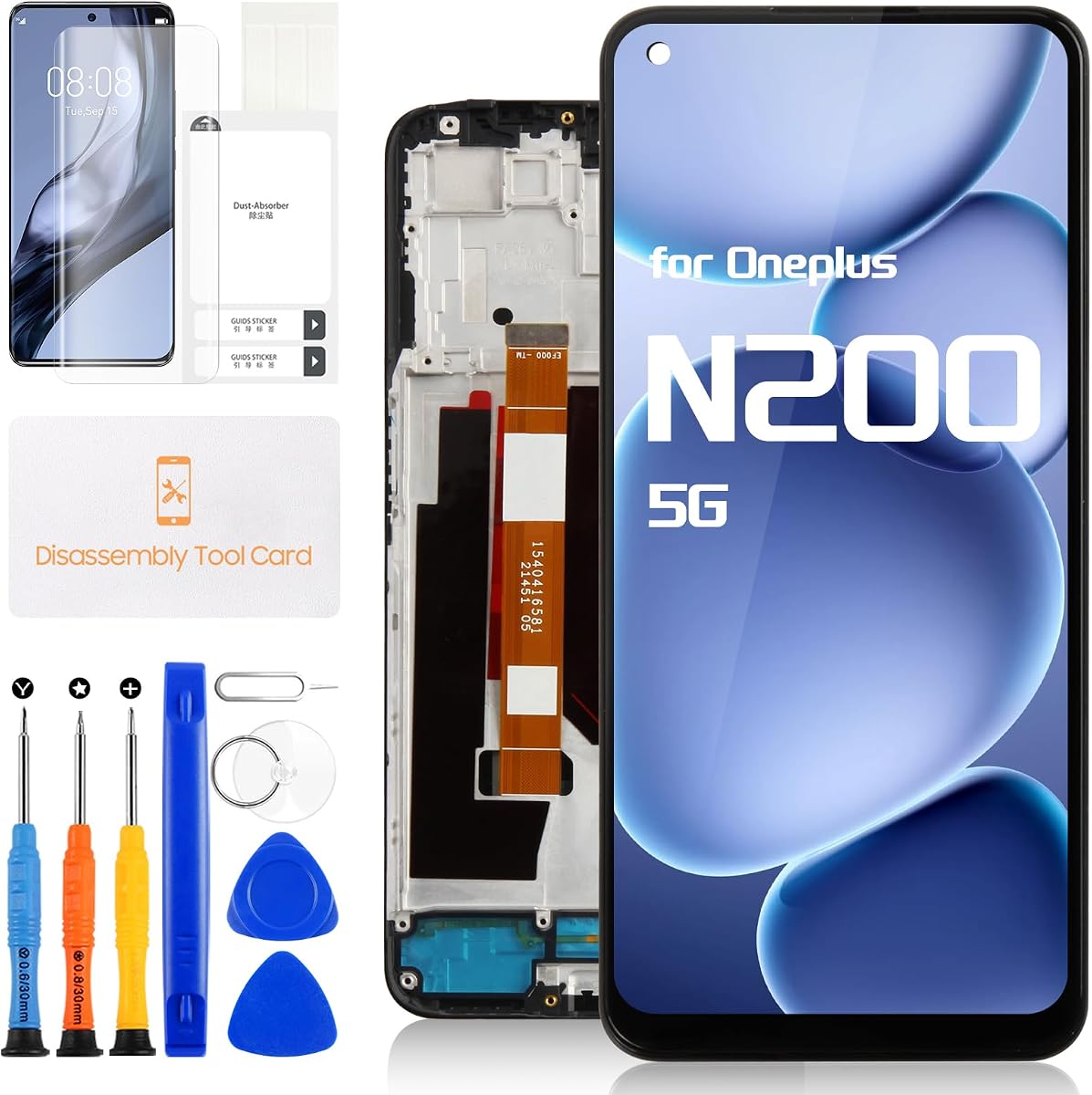 for OnePlus Nord N200 5G Screen Replacement for One Plus Nord N200 LCD Display DE2118 Touch Digitizer DE2117 Assembly with Repair Parts Kits(Black with Frame)