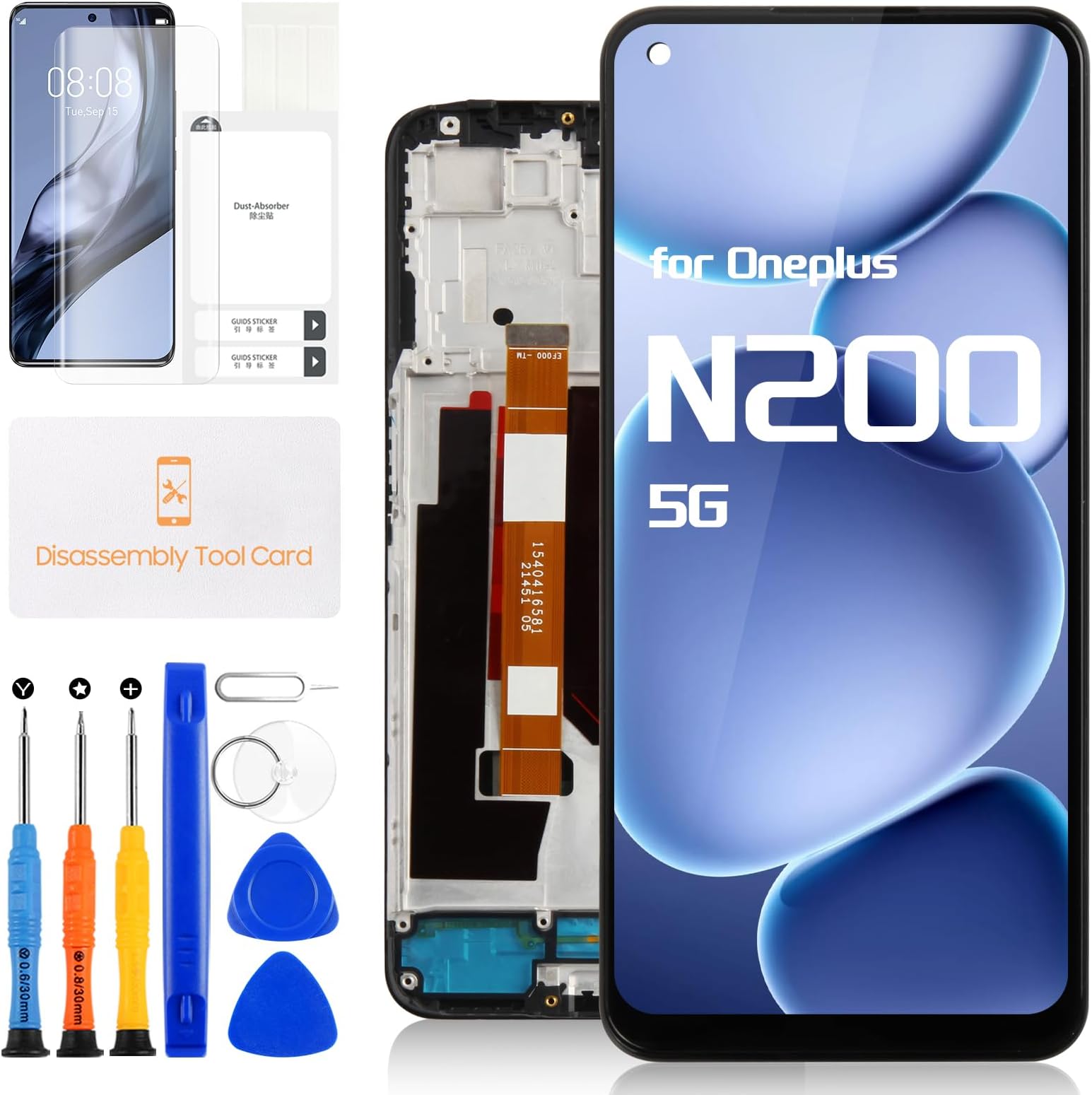 for OnePlus Nord N200 5G Screen Replacement for One Plus Nord N200 LCD Display DE2118 Touch Digitizer DE2117 Assembly with Repair Parts Kits(Black with Frame)