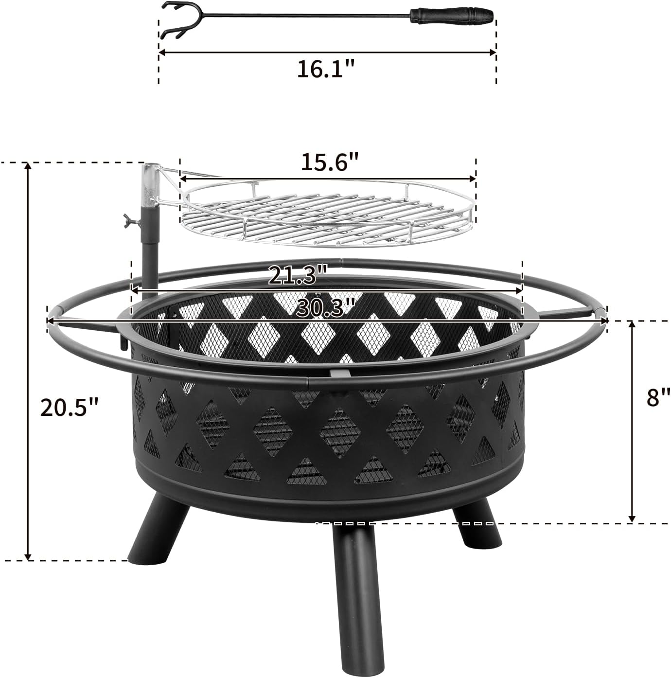 30in Outdoor Metal Fire Pit with Cooking Grates Black