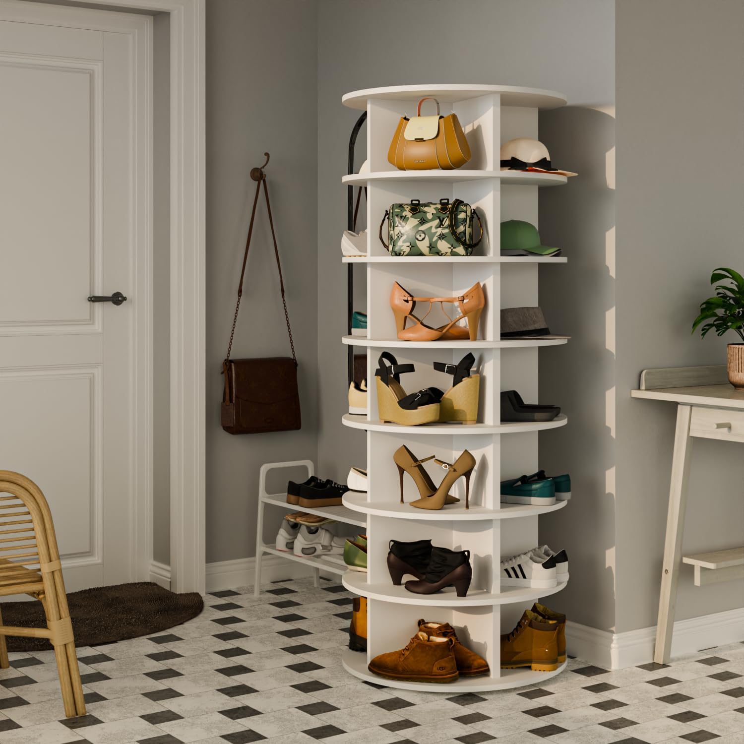 Waleaf 7 Tier Heavy Duty Rotating Shoe Rack Tower, MDF Board Revolving Shoe Organizer Spinner, Spinning Display Lazy Susan, Shoe Carousel for Entryway, Living Room, Bedroom