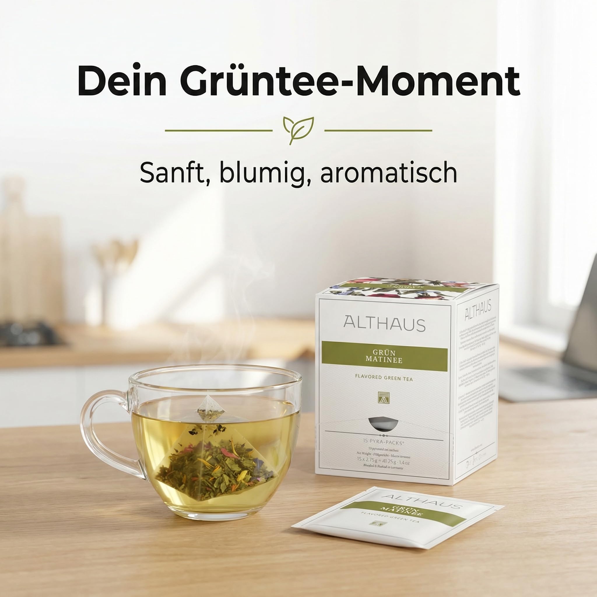 ALTHAUS Grüner Tee Grün Matinee, aromatisierter Sencha Tee mit Blüten, 15 Pyramiden-Teebeutel, einzeln verpackt, 41,25 g, Grüntee Beutel, 6 x 15 Beutel = 90 Portionen