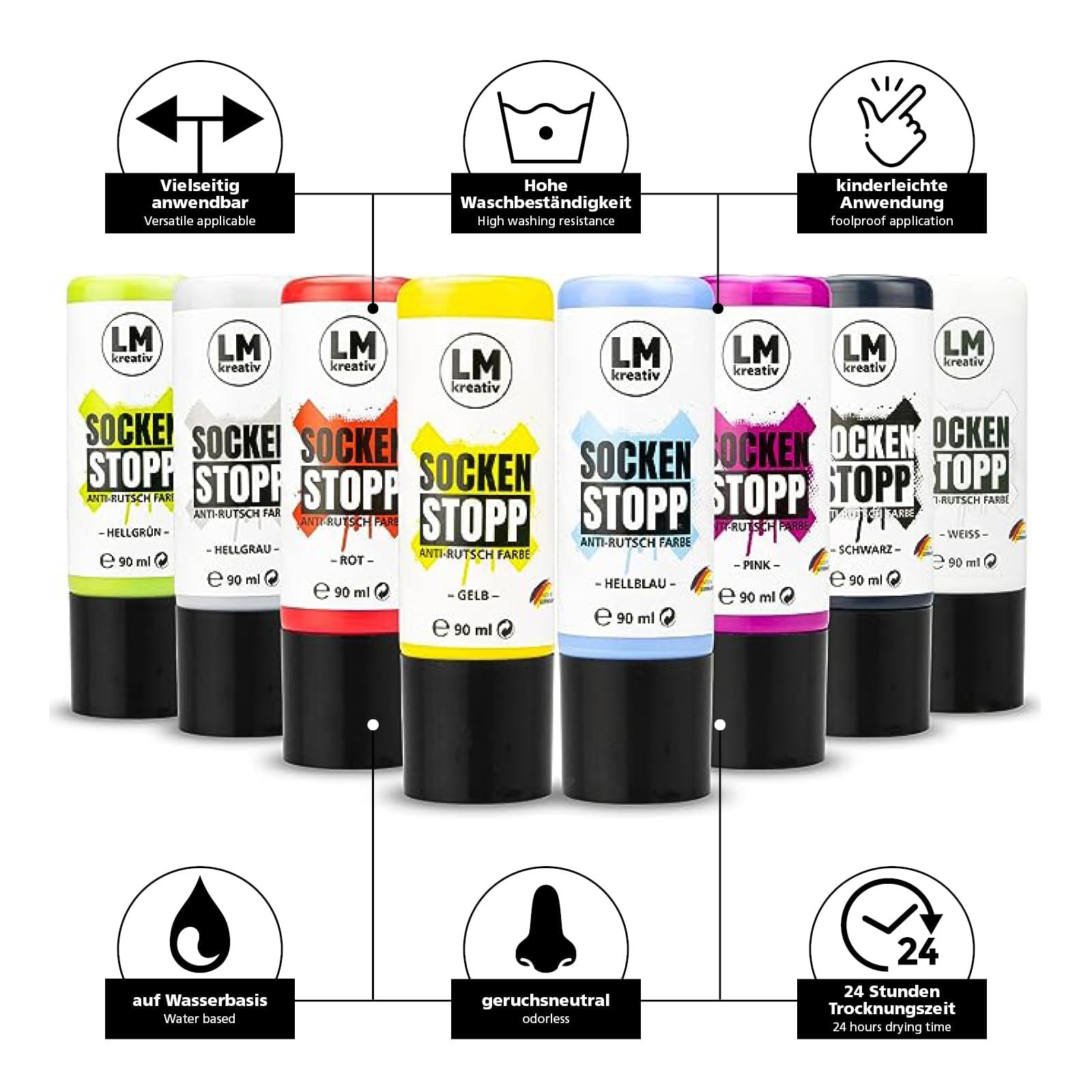 LM-Kreativ Socken Stopp Anti Rutsch Set (8 tlg.) - ABS Antirutsch, Sock Stop Creme, flüssige Sockensohle, Rutsch-Stop