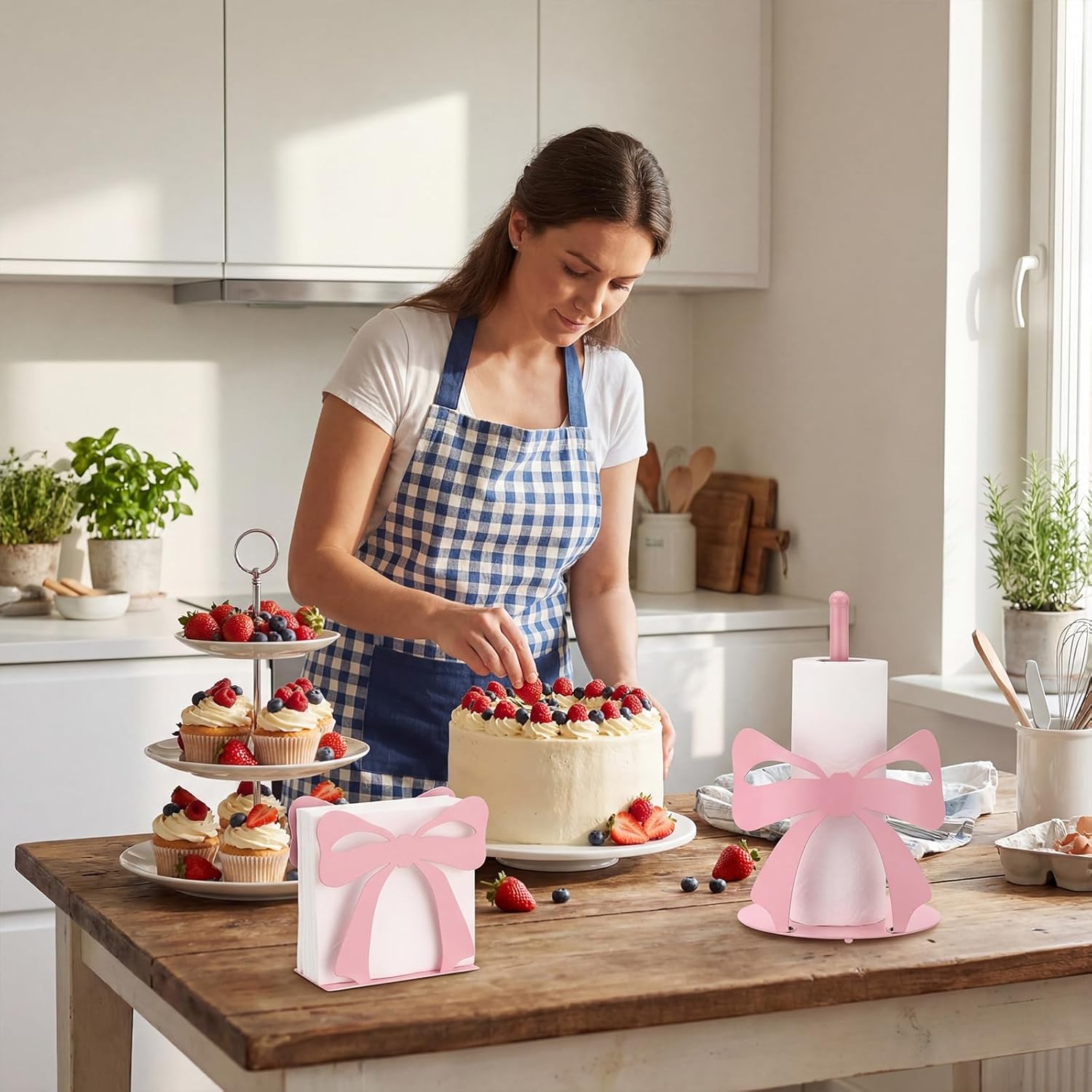 Novabright 2 Pcs Trendy Bow Paper Towel Holder for Tables Metal, Cute Bow Knot Kitchen Decoration Accessories Large Metal Towel Holder Stand for Coquette Wedding Home Party Bathroom Countertop(Pink)