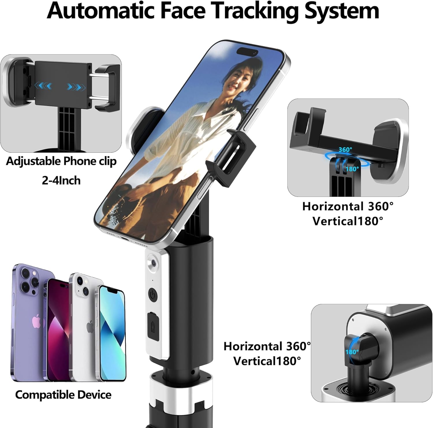 Auto Face Tracking Selfie Stick Tripod for iPhone, Minimalist 360° Rotating AI Tracking Tripod with Wireless Control, 60" Extended Phone Holder for Content Creation Vlogging, Live Streaming