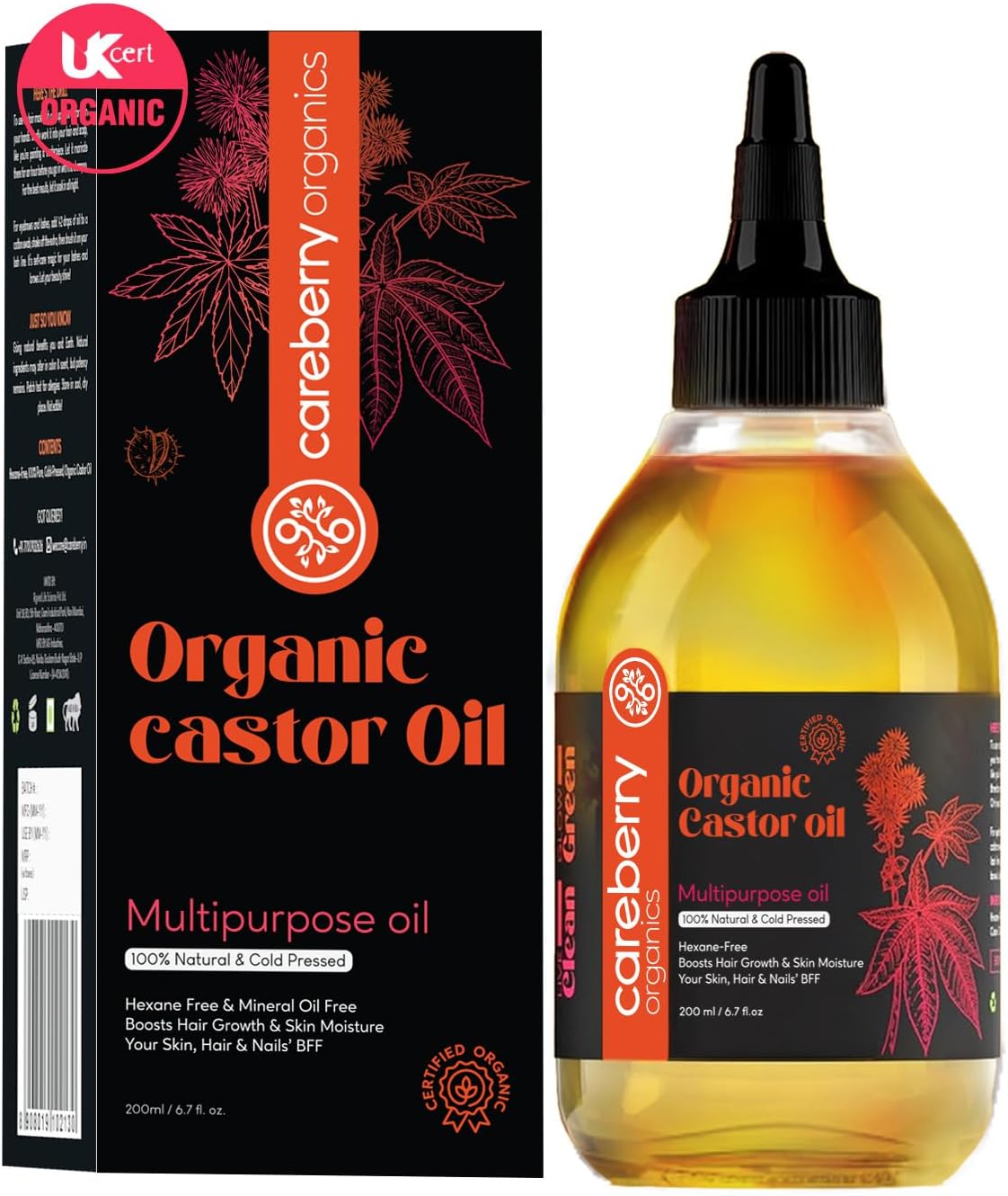 - Organic Castor Oil, Cold Pressed & Hexane Free Oil for Hair Growth, Skin, Face, Eyelashes, Rich in Ricinoleic, Vitamin E & Omega 6&9, UKCert Certified Organic & Ayurvedic, 200 ml