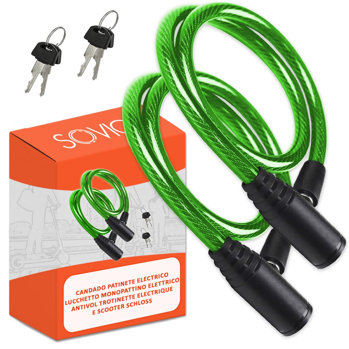 Electric Scooter Lock Double Security 2 Units Steel Cable 60 cm Advanced Lock with Key Safe Robust Practical Easy to Store Padlock for Electric Scooter Green