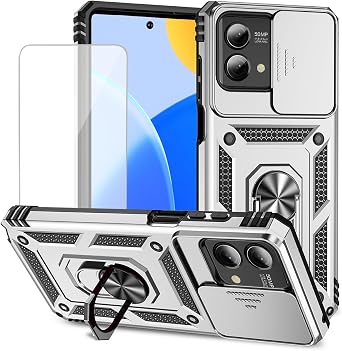 for Moto G Stylus 2023 5G Case, Motorola G Stylus 2023 with Tempered Glass Screen Protector and Slide Camera Cover, Magnetic Ring Car Mount Holder Cover for Motorola Moto G Stylus 2023 Silver