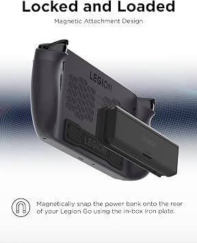 بنك الطاقة Lenovo Legion Go 65W 12800، طاقة محمولة للألعاب المحمولة والأجهزة الأخرى، كابل USB-C مدمج، ملحق مغناطيسي، حامل مدمج، أسود