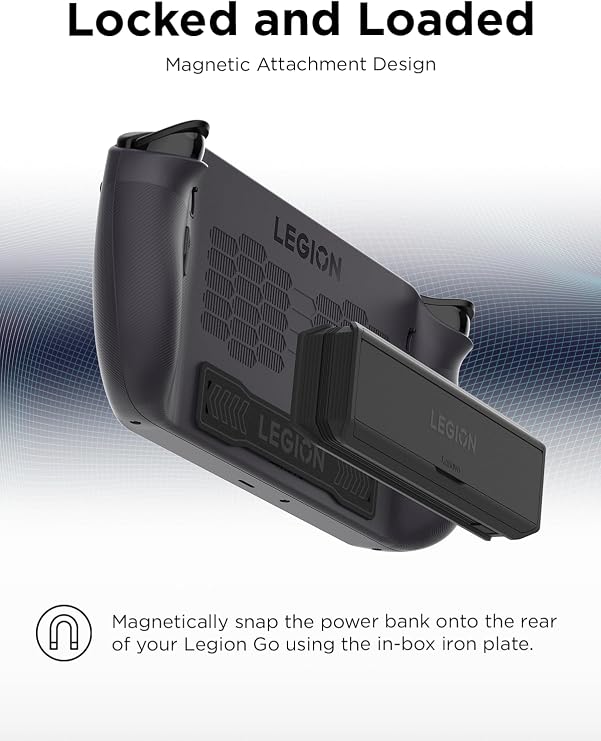 بنك الطاقة Lenovo Legion Go 65W 12800، طاقة محمولة للألعاب المحمولة والأجهزة الأخرى، كابل USB-C مدمج، ملحق مغناطيسي، حامل مدمج، أسود