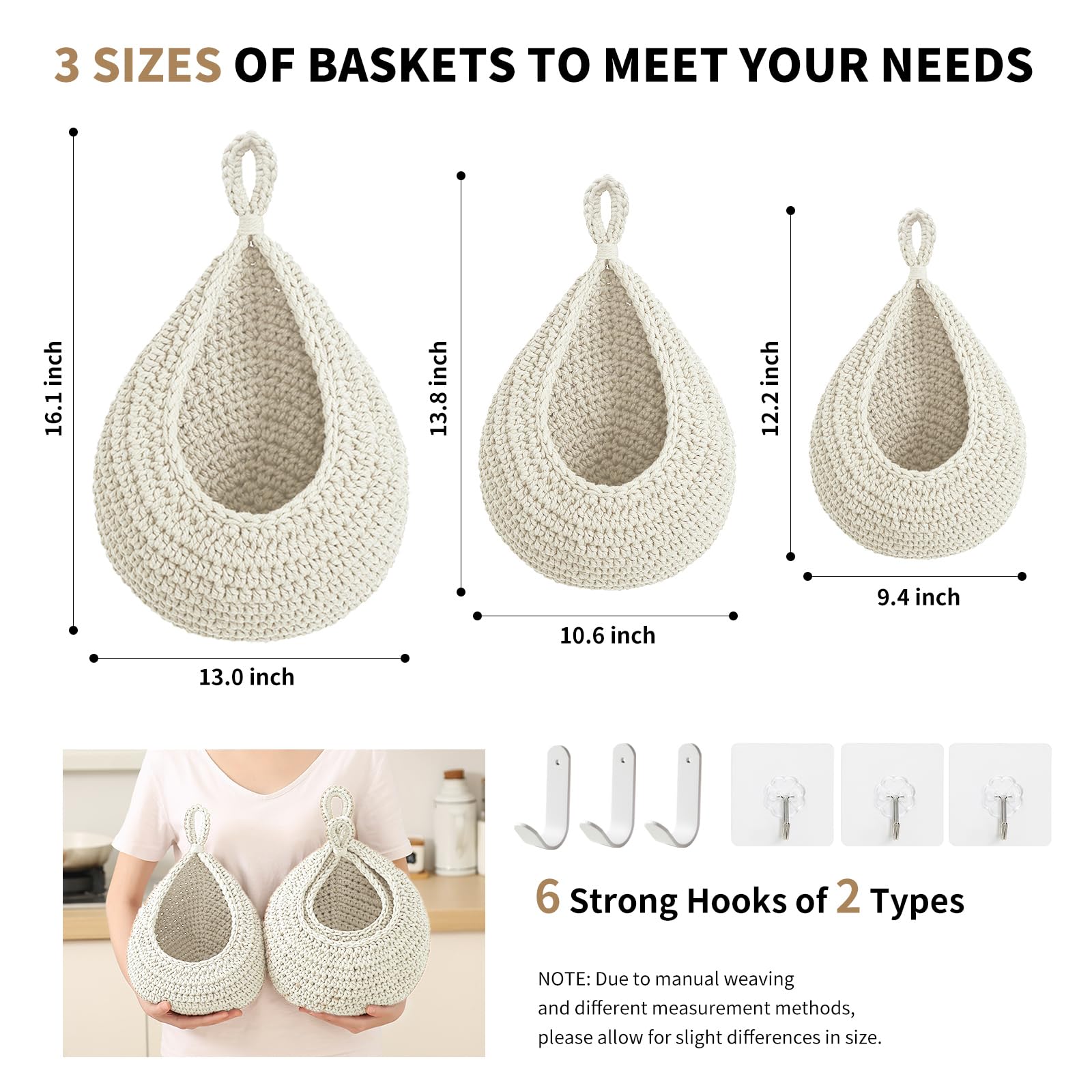 Cestini per frutta da appendere alla parete in stile boho, per cucina, confezione da 3 pezzi, con 6 ganci resistenti, cestino da appendere per verdure per organizzare a forma di goccia, per conservare