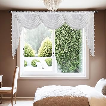 White Lace Waterfall Window Valance with Bead Tassels Floral Embroidered Valance Curtains Semi Sheer Rod Pocket Valance for Bedroom/Living Room/Kitchen/Basement White,98"x41"