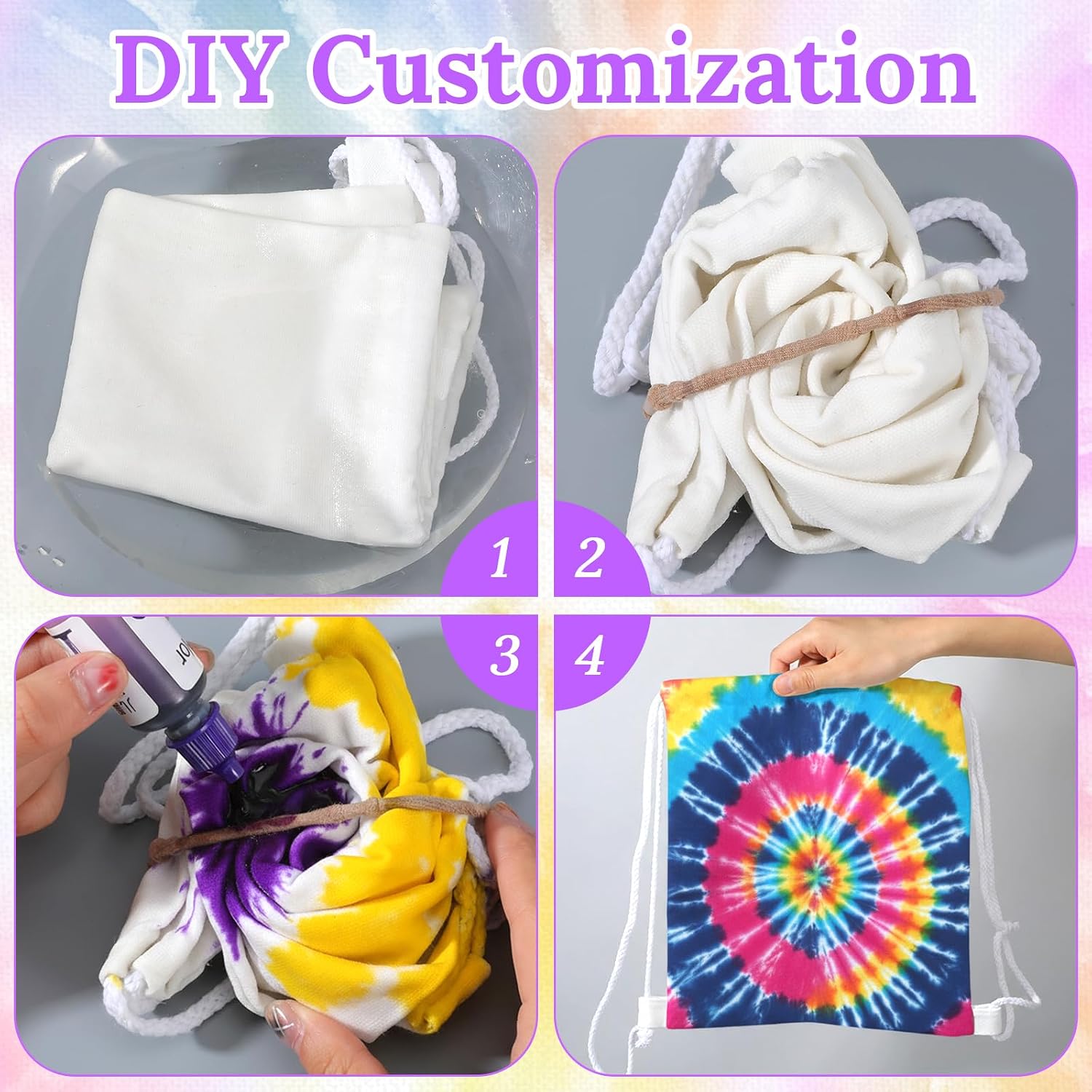 12 Pack White Cotton Bags for Tie Dye, 3-Style DIY Craft Kit with Drawstring Backpacks, Tote & Makeup Pouches