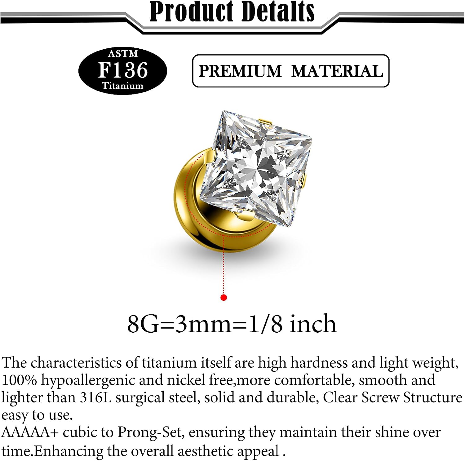 10G-00G Astm F136 Titanium Gauges Tunnels for Ear Screw Fit Back Square CZ Ear Gauges Tunnels Plug Earrings Expander Stretcher Piercing Jewelry for Women Men Silver Gold 1 Pairs