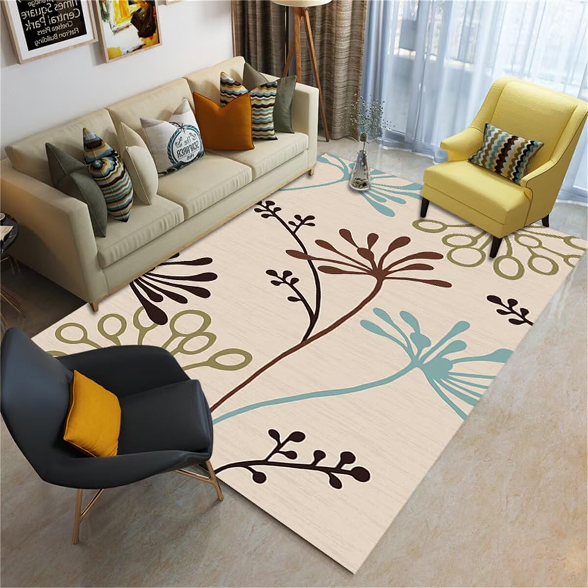 Tapis de salle à manger beige floral 60x120cm antidérapant entrée