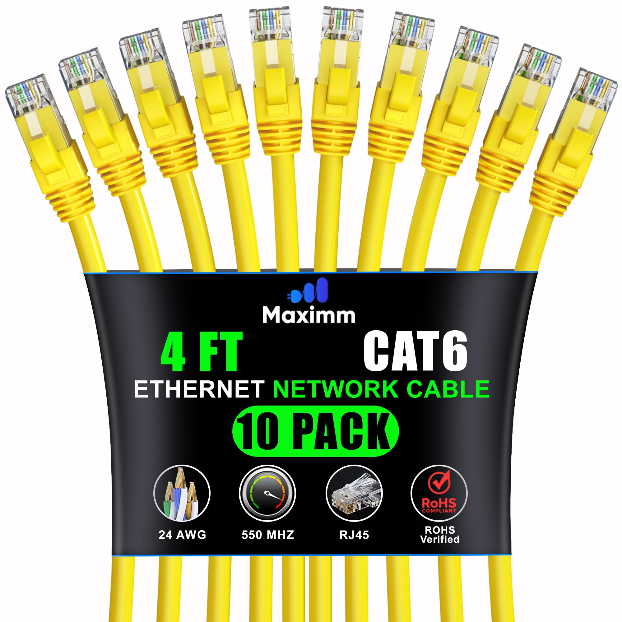 Maximm Cat 6 Ethernet Cable 4 ft (10-Pack) - High-Speed LAN Cable, Internet Cable, Patch Cable, and Network Cable - UTP, 10Gbps, 550MHz Ethernet Cord