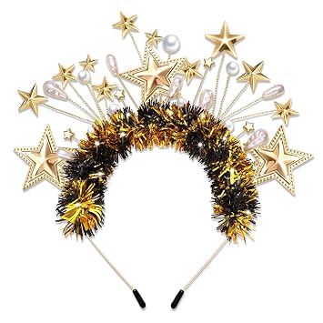 mokkia Happy New Year Headband for Women Girls Glitter Tinsel Star Headbands New Years Eve Headband Accessories Party Favors Decorations Holiday Gifts Black Gold 4