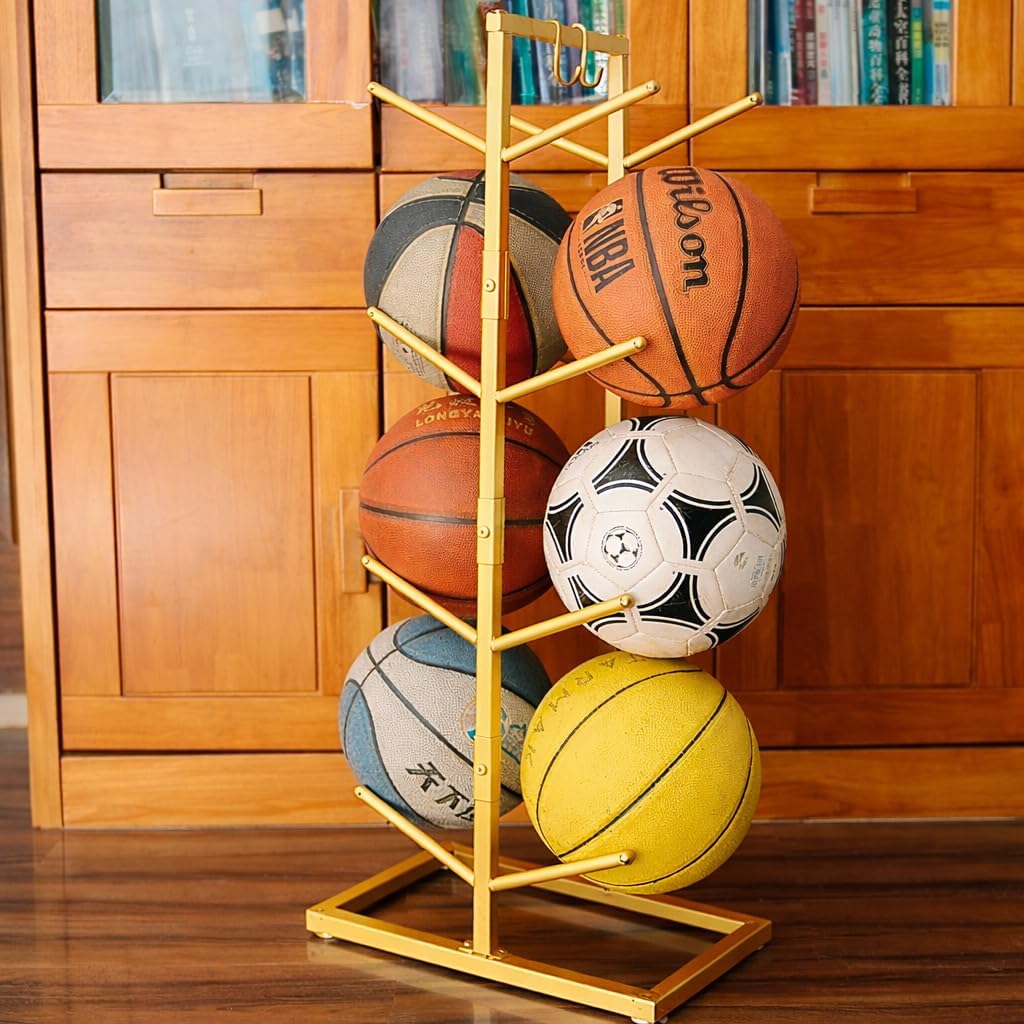 56165 Space saving Basketball Holder for Boys Room Decor - 34.5 Tall Double Side Metal Ball Rack Display Stand for Basketball Football Volleyball Storage,Ball Holder Sports Decor - Golden