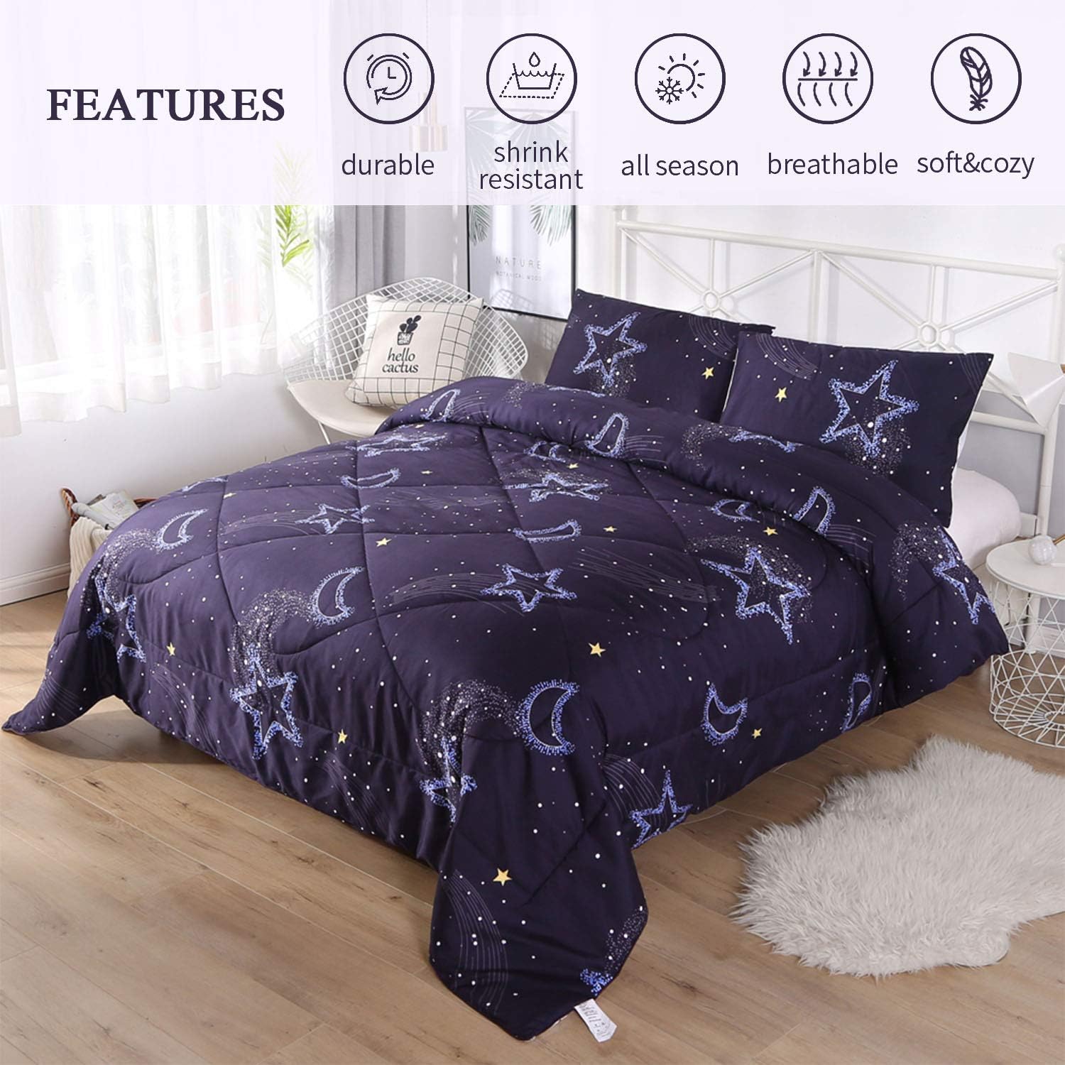 DECMAY 3D Moon and Star Bedding Comforter Set for Kids Lightweight Comforter Duvet Insert 3PCS Deep Blue Starry Sky Night Bedding for Girls and Boys Modern Design for Children Bedroom,Full Size