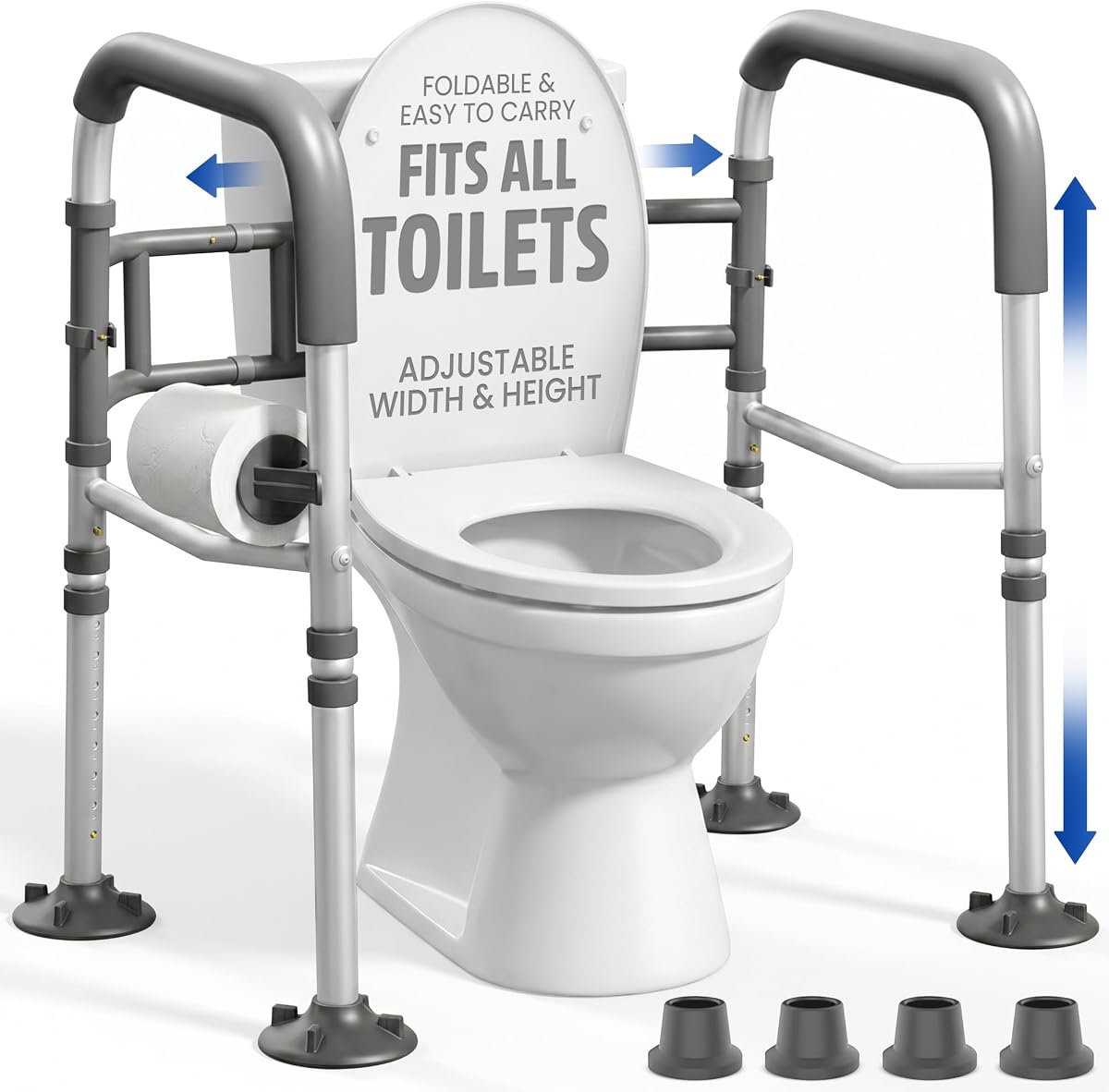 Toilet Safety Rails for Seniors 350lb, Adjustable Height & Width Toilet Bars for Elderly | Foldable Non-Slip Toilet Safety Frame, 4 Suction Cups & 4 Tips, Reinforced 2 C-Clamp – Fits Most Toilets