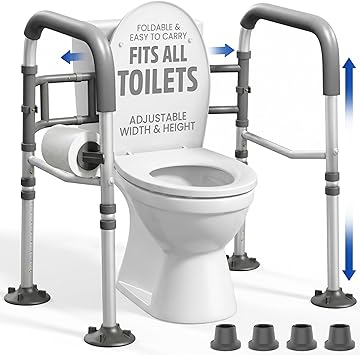 Toilet Safety Rails for Seniors 350lb, Adjustable Height & Width Toilet Bars for Elderly | Foldable Non-Slip Toilet Safety Frame, 4 Suction Cups & 4 Tips, Reinforced 2 C-Clamp Fits Most Toilets