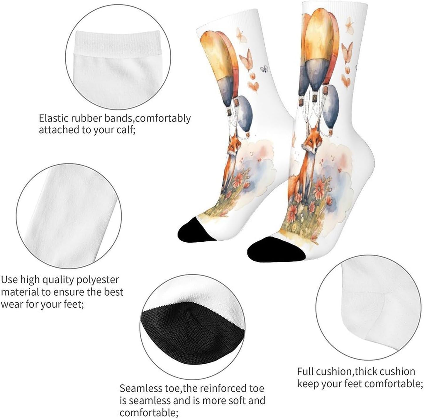 Fox And Hot Air Balloon Crew Sock High Stocking Grippy Socks | Socks for Men & Women,Stockings-Long Thin Tube Sports, Breathable Soft Athletic for Nurses,Travel