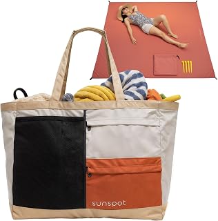 SunSpot Carry-All Beach Bag Tote WITH Pull-out Blanket - Extra Large with zipper compartments and waterproof layers