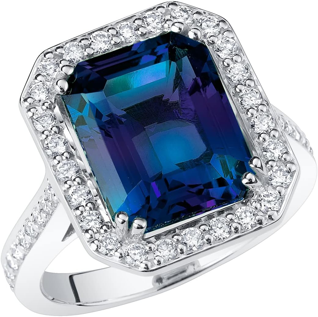 PEORA 7.75 Carats Created Alexandrite Lab Grown Diamond Ring in 14K White or Yellow Gold, Color-Changing Emerald Cut, Sizes 4 to 10