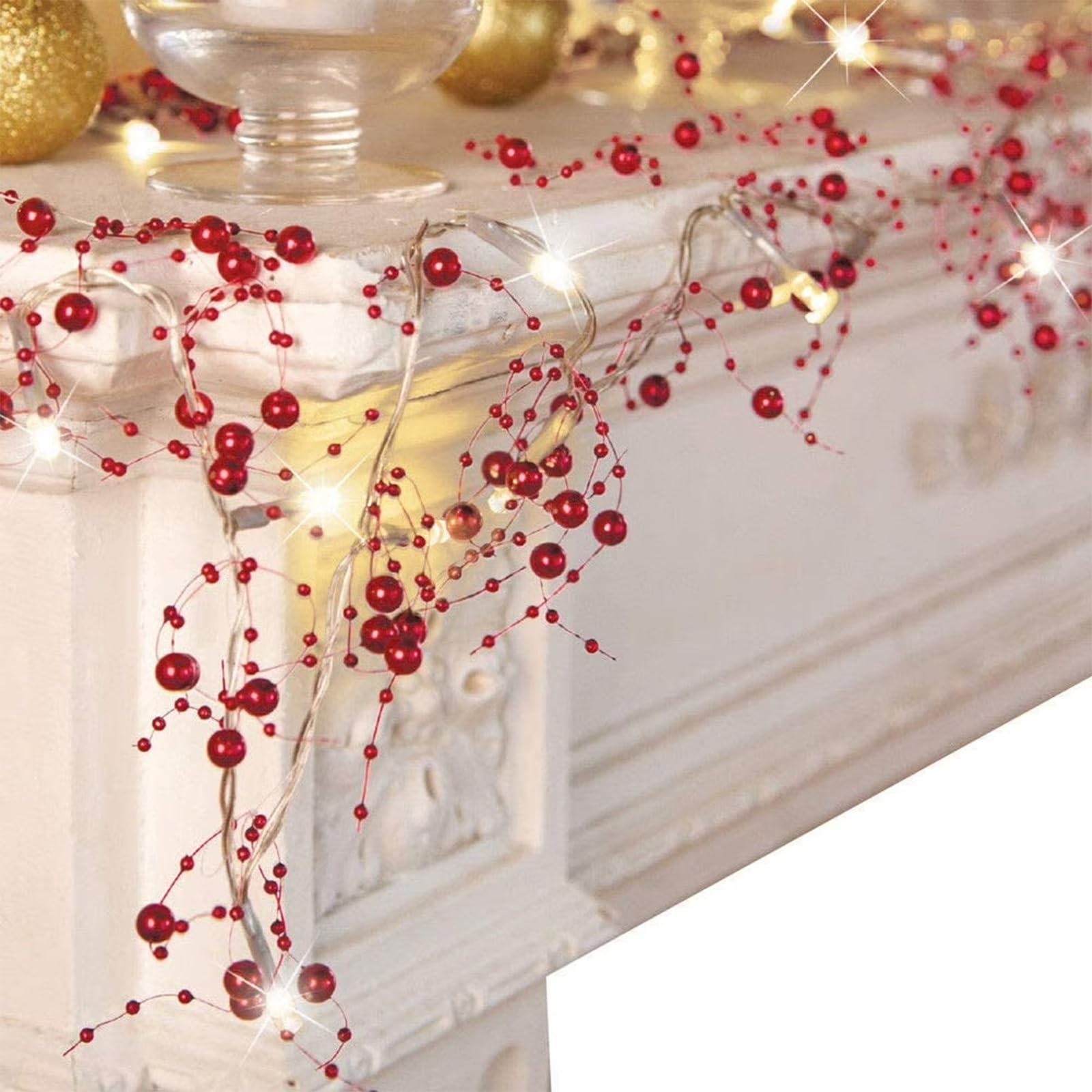 10FT Christmas Lights with Berry Beaded Garland Christmas Decorations Fairy Lights for Indoor Outdoor Home Mantel Fireplace Holiday Party Decor, Red