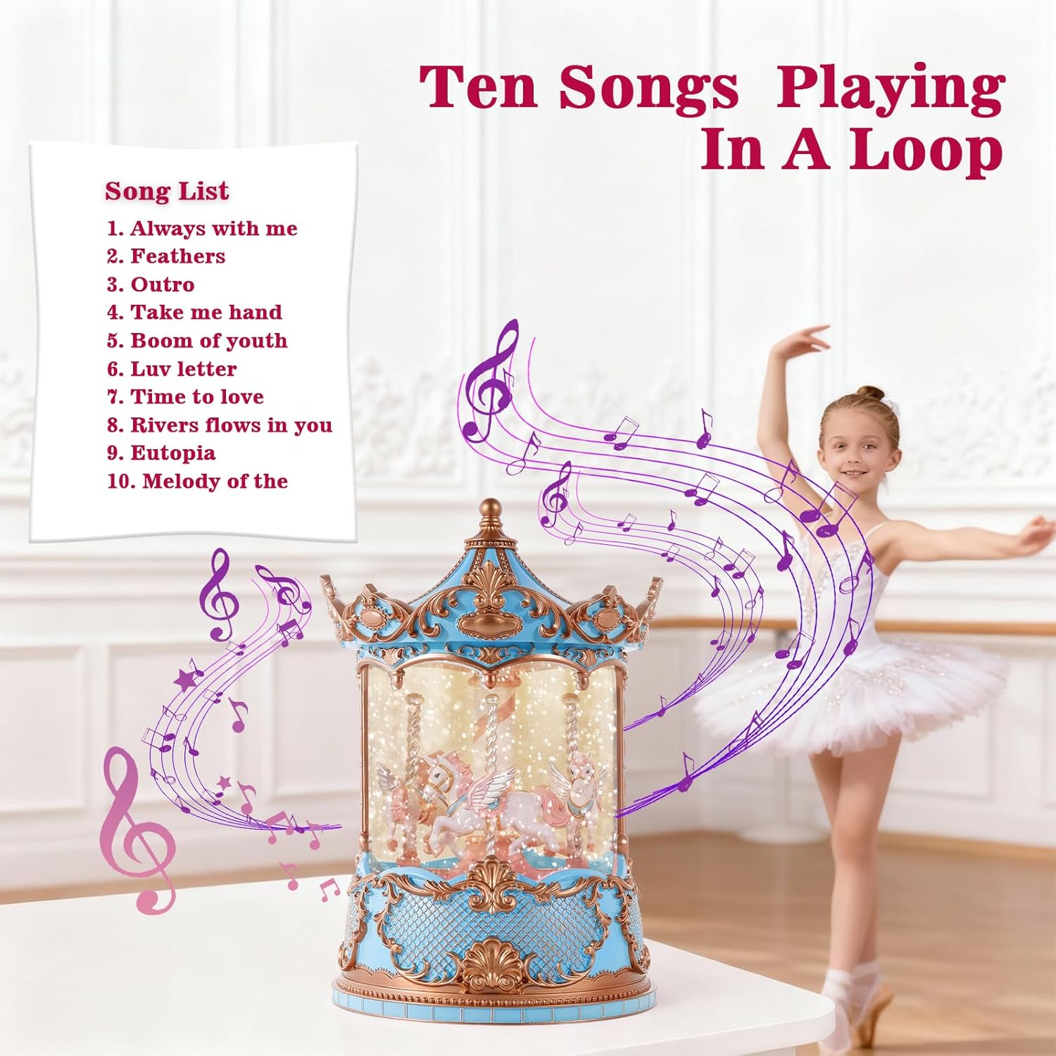 Valentine's Day Gift Blue Carousel Horse Snow Globe Music Box with Rotating Horses Musical Unicorn Snow Globe with Glitter for Girls, Women, Mom, Valentine's Day Birthday Gifts (Blue Gold Carousel) - Image 6