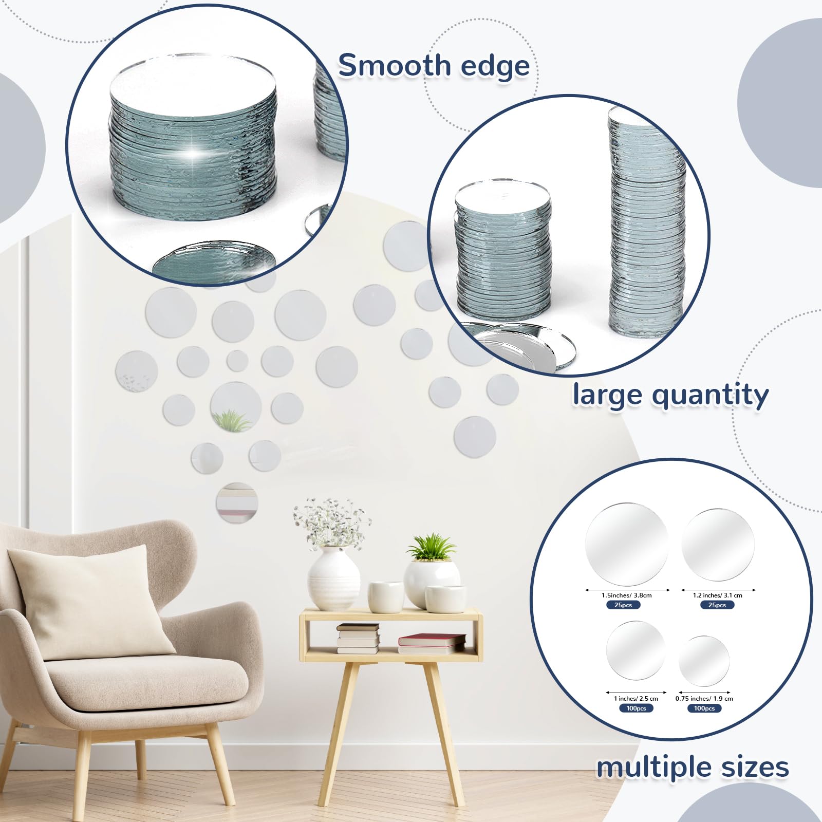 250 Pieces Small Circle Craft Mirror, Mini Round Glass Crafts Mosaic Mirror Tiles for Crafts and DIY Projects Supplies Home Decoration, 0.75 Inch, 1 Inch, 1.2 Inch, 1.5Inch