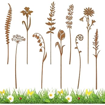 Pack of 10 Garden Stakes Rust Garden Decoration for Outdoor Plant Stakes Decorative Flower Stakes Rust Decoration Garden Decoration for Garden for Lawn Yard Balcony Flower Pot