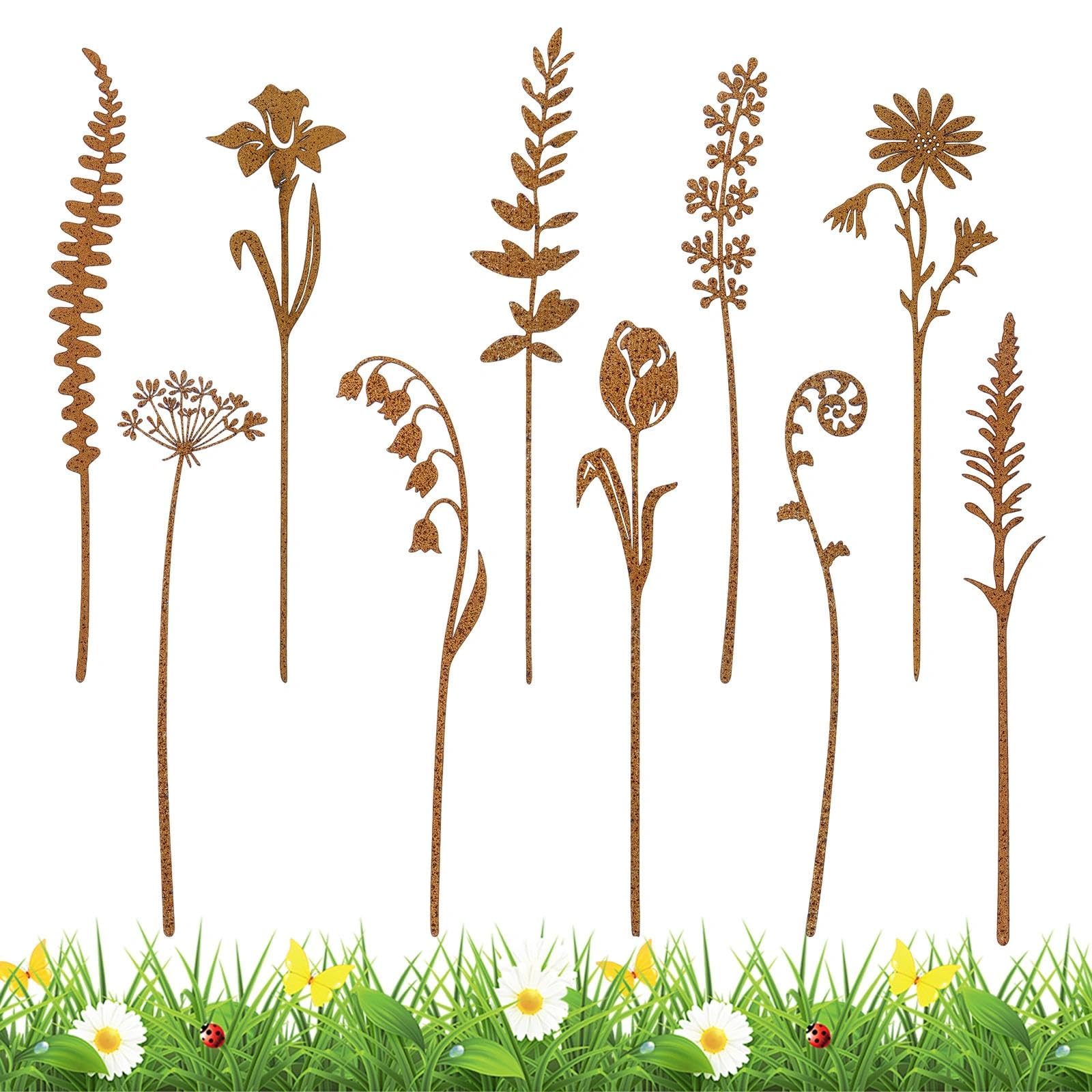 Lot de 10 piquets de jardin en métal rouillé - Décoration de jardin - Pour pelouse, cour, balcon - Pot de fleurs