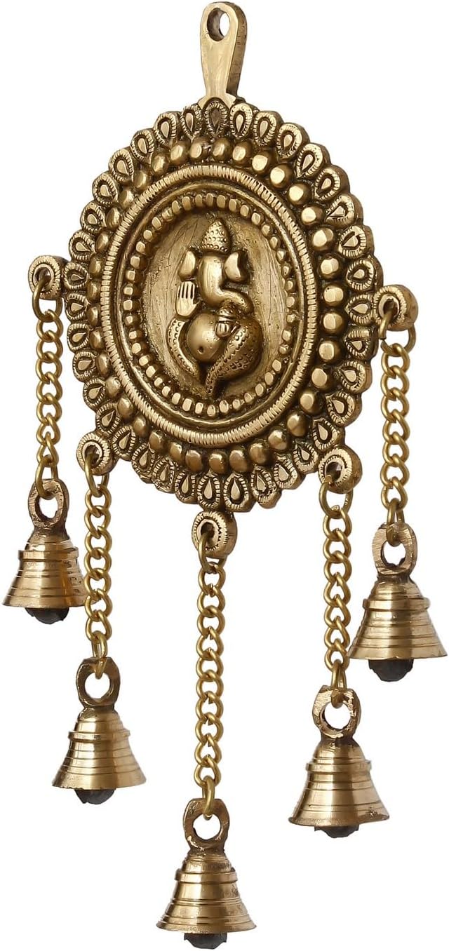 Lord Ganesha Decorative Brass Wall Hanging With 5 Bells, Gold, (Bgg519) One Size