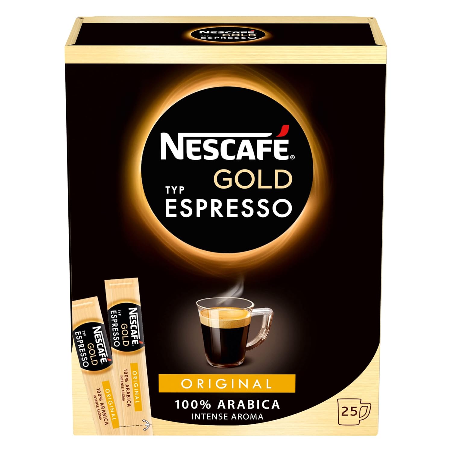 NESCAFE Gold Espresso 100% Arabica Ground Coffee Beans The Finest Instant Aroma Coffee Beverages Stickes for a Perfect Day Start (1 Box (25 Sticks))