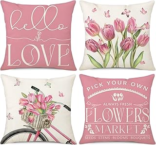 NIGHTWISH Spring Pillow Covers 18x18 Set of 4 Pink Tulips Bicycle Butterfly Spri