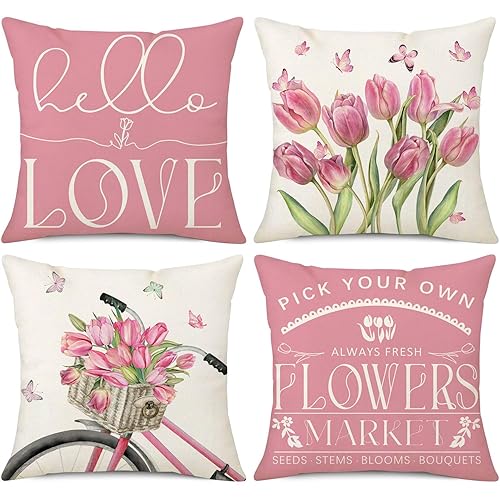 NIGHTWISH Spring Pillow Covers 18x18 Set of 4 Pink Tulips
