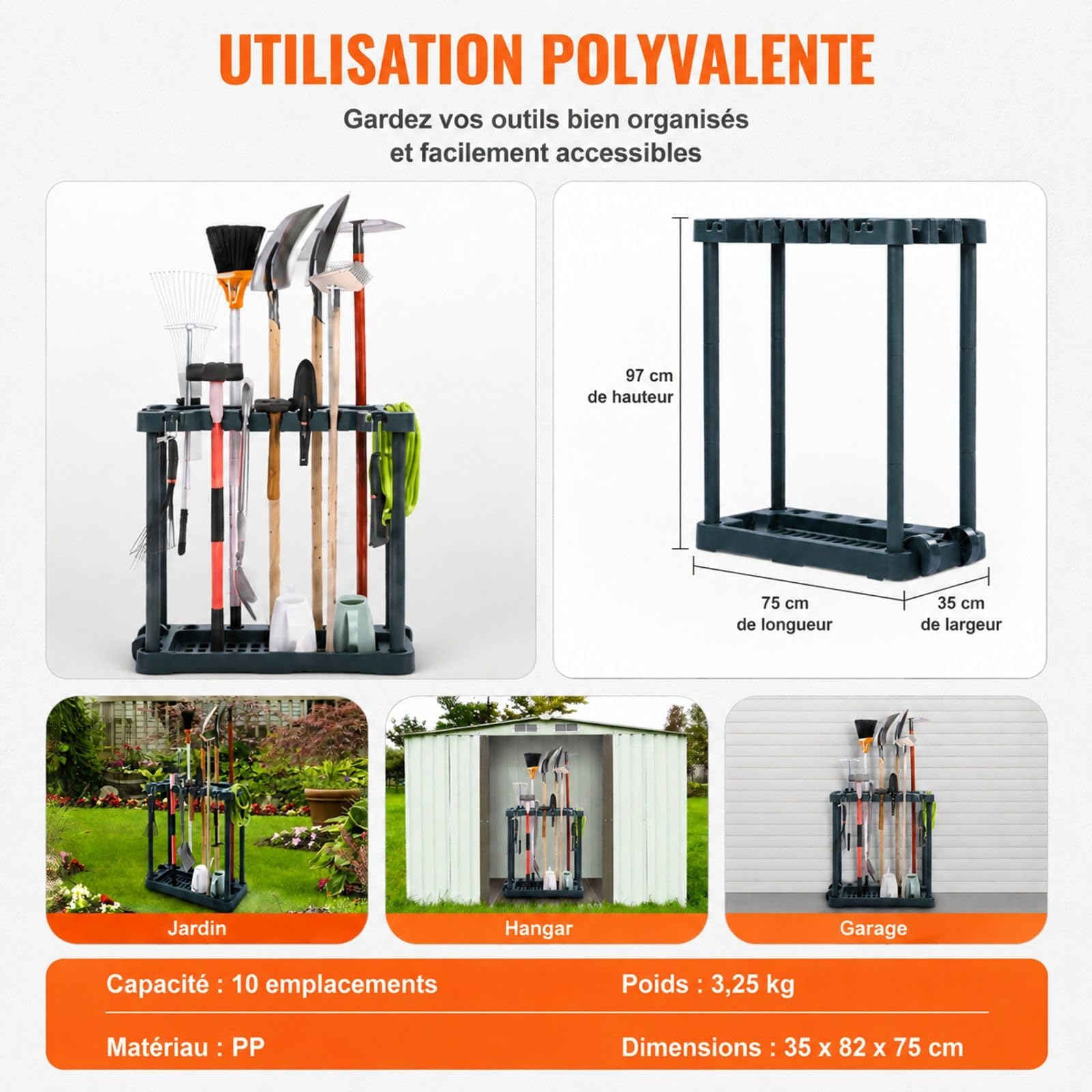 Support Range Outils de Jardin en PP, 10 emplacements, pour Garage et Jardin