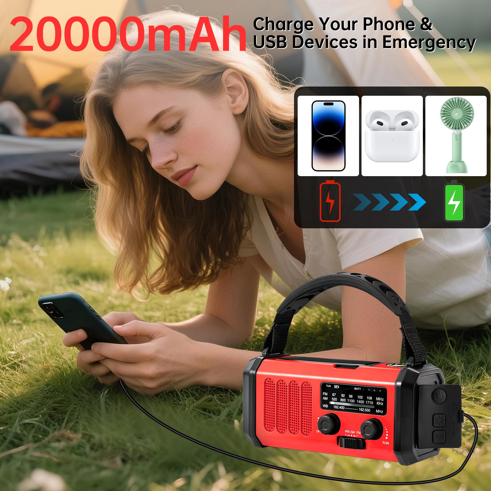 Radio d'urgence à manivelle solaire, radio météo AM/FM/NOAA intégrée 20 000 mAh, chargeur de type C, lampe de poche, lampe de lecture, SOS, compacte et portable pour camping/urgences