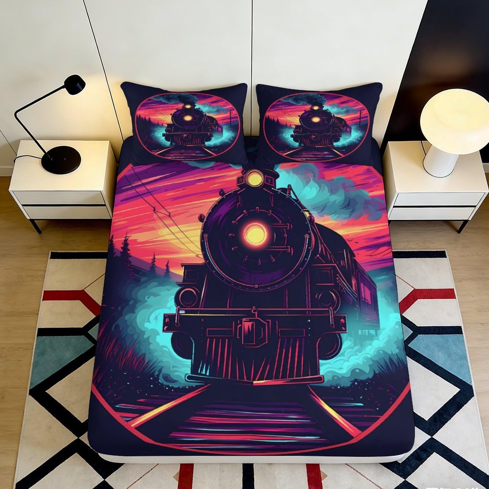 3D Printed Steam Train Nightscape Fitted Sheet Microfiber Railway Sunset Mattress Cover Anti-Slip Washable for Bedroom Decoration 90x200x25cm