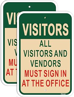 Visitors Signs,All Visitors And Vendors Must Sign In At The Office Signs,18x12 inches,Metal Reflective Rust Aluminum UV Protected Waterproof Sturdy Easy Mounting,2 Pack