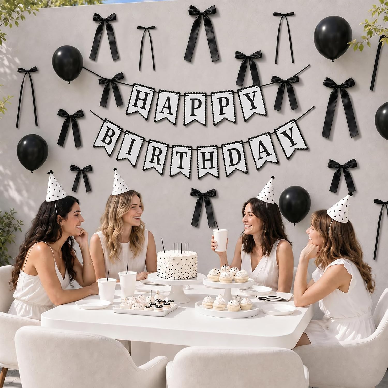38Pcs Black Birthday Party Decorations Cute Bow Happy Birthday Banners | DIY Ribbon Satin Bows Garland Photo Backdrop, Bow theme party decor, for Girls Women coquette Party Baby Bridal Shower Room