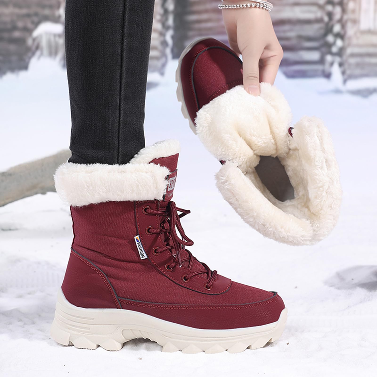 CUTEHEELS Damskie zimowe buty trekkingowe w szerokich rozmiarach, wodoodporne buty outdoorowe z podszewką z flauszu, do miasta i lekkich wycieczek