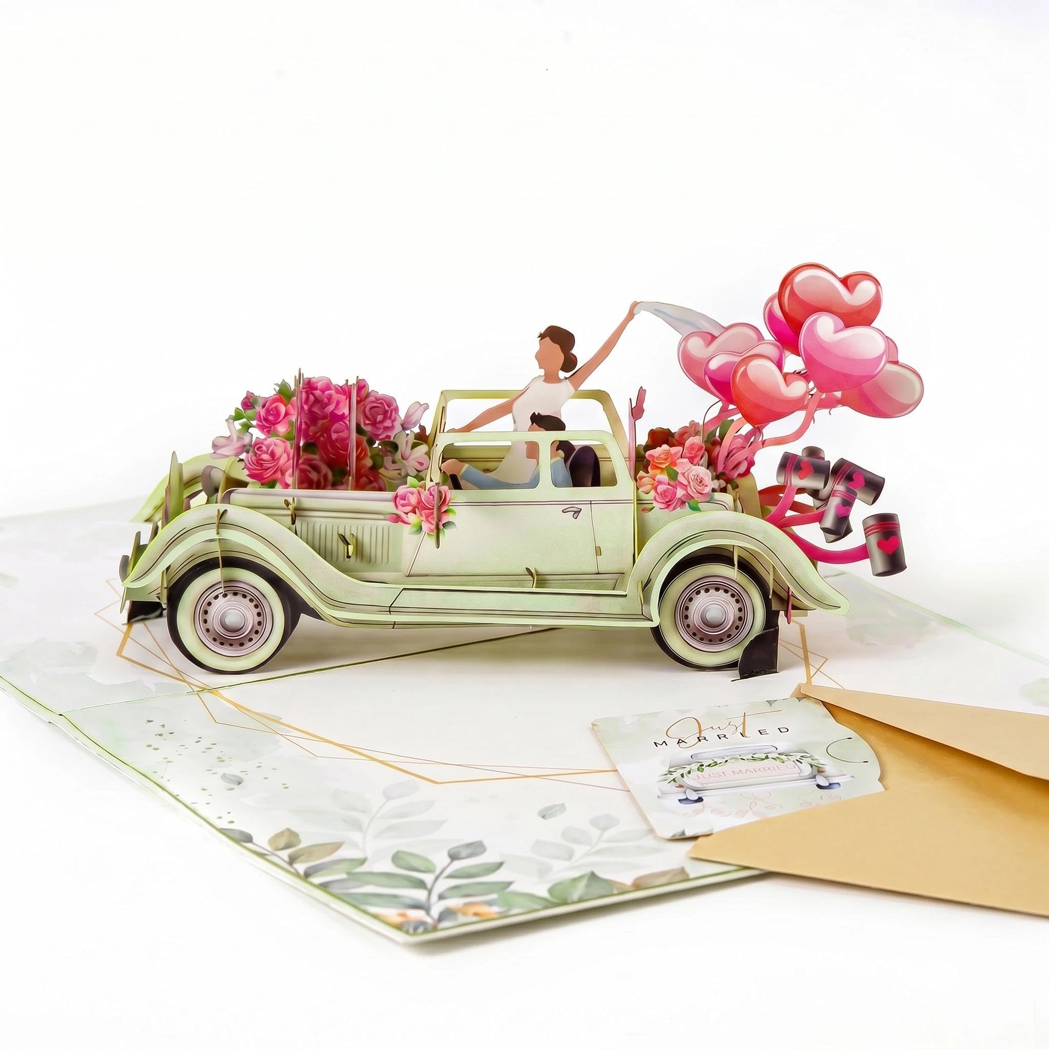 4 Pcs Just Married 3D Pop Up Wedding Card, Vintage Car with Floral Watercolor Wedding Cards for Bride and Groom, Greeting Card Gift for Engagement, Marriage, Anniversary, Bridal Shower, Newlyweds