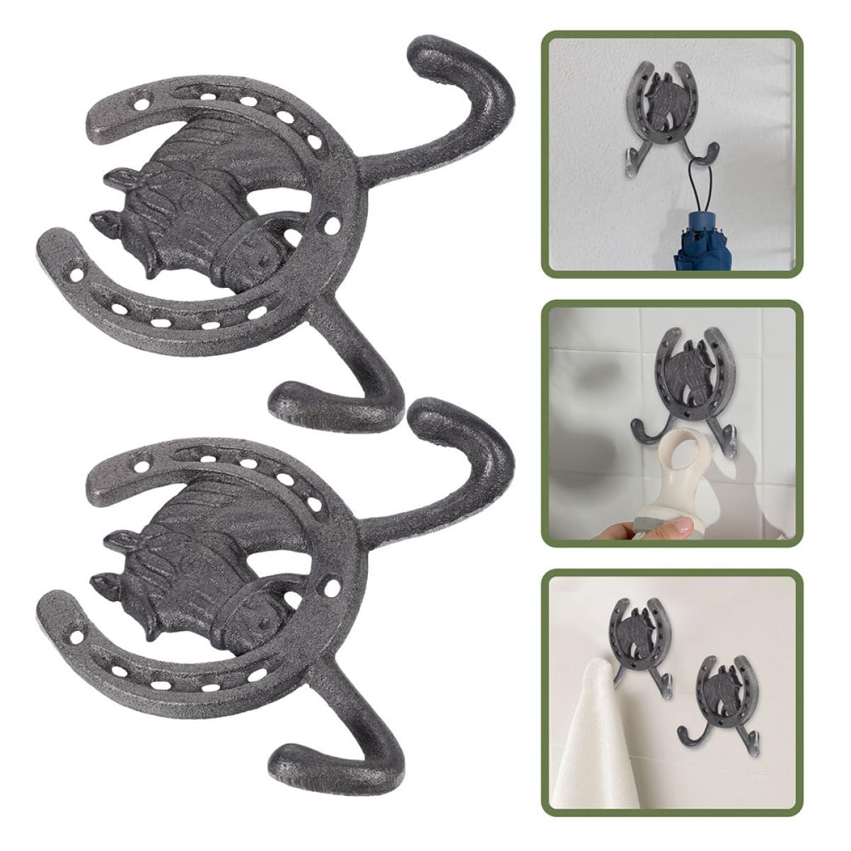 Ganci da Parete a Ferro di Cavallo in Ferro Battuto, Stile Retrò, Doppio Gancio, 4 Pezzi, per Cucina e Camera da Letto