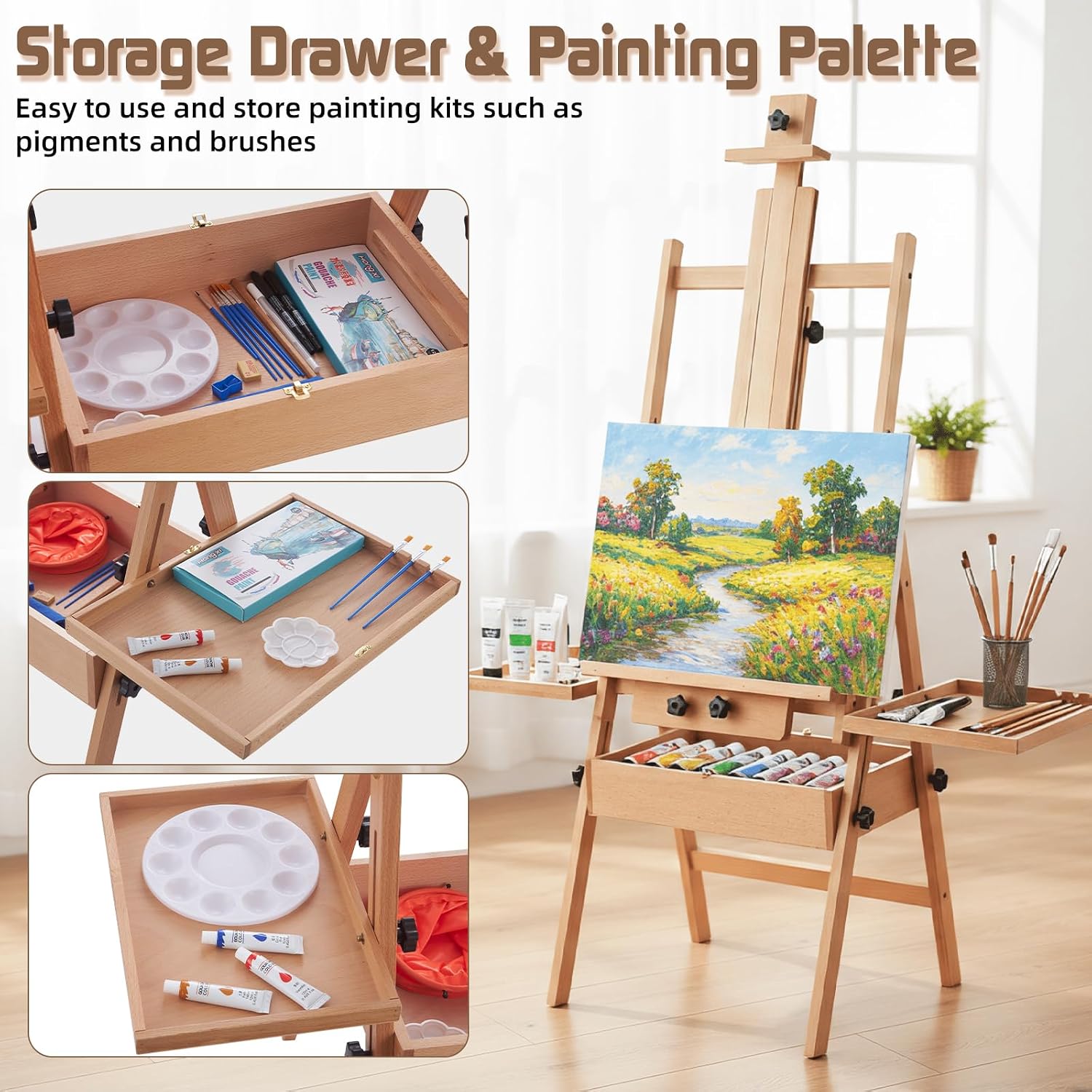 H-Frame Easel for Painting, Beech Wood Large Painting Easel with Storage Drawer and Palette for Adults, Foldable Art Easels Stand with Artist Kits, Hold Canvas up to 48", Natural