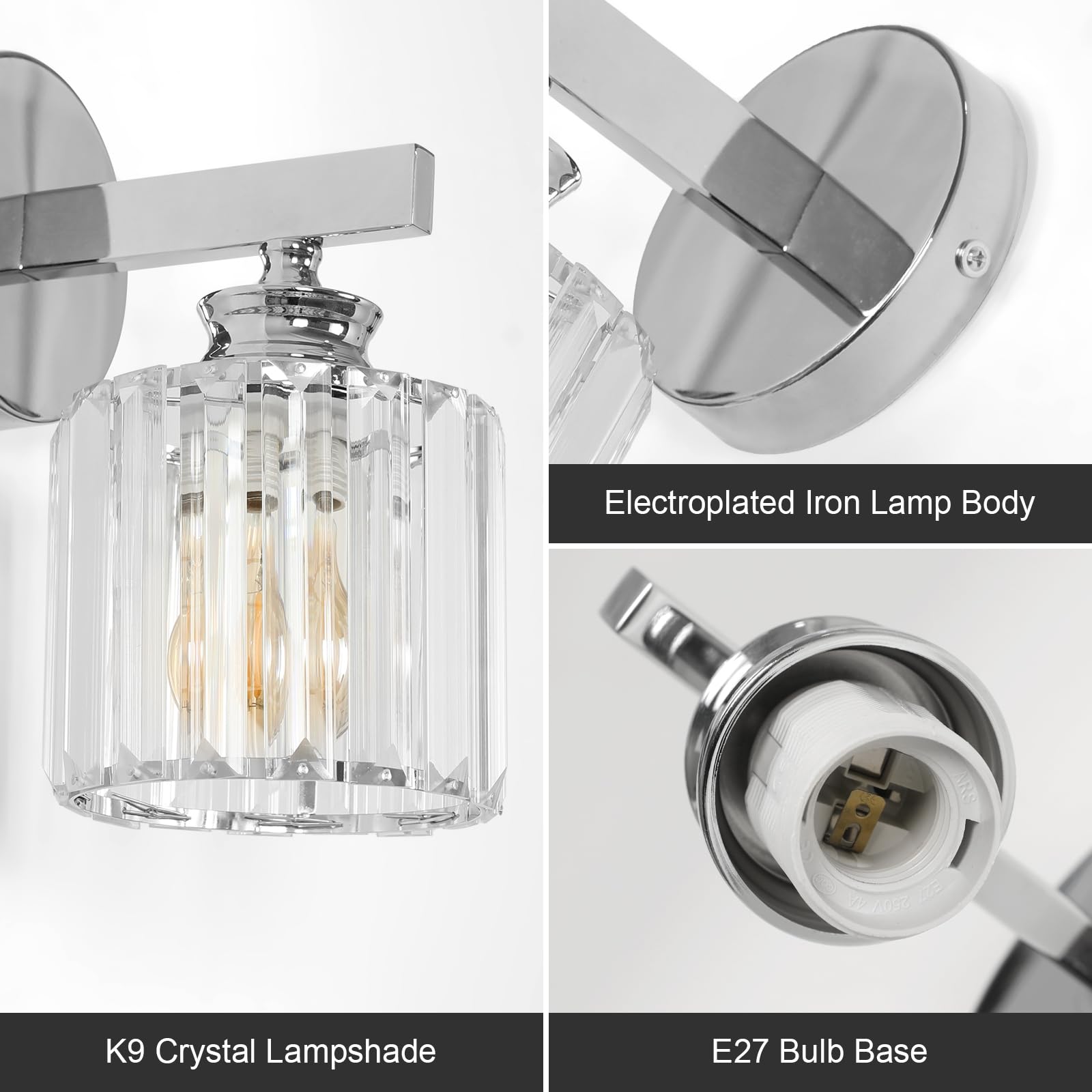 Pheashine Modern Crystal Wall Light Sconce, E27 Elegant Silver Round Wall Lamp for Bedroom Living Room, Hallway - Image 4