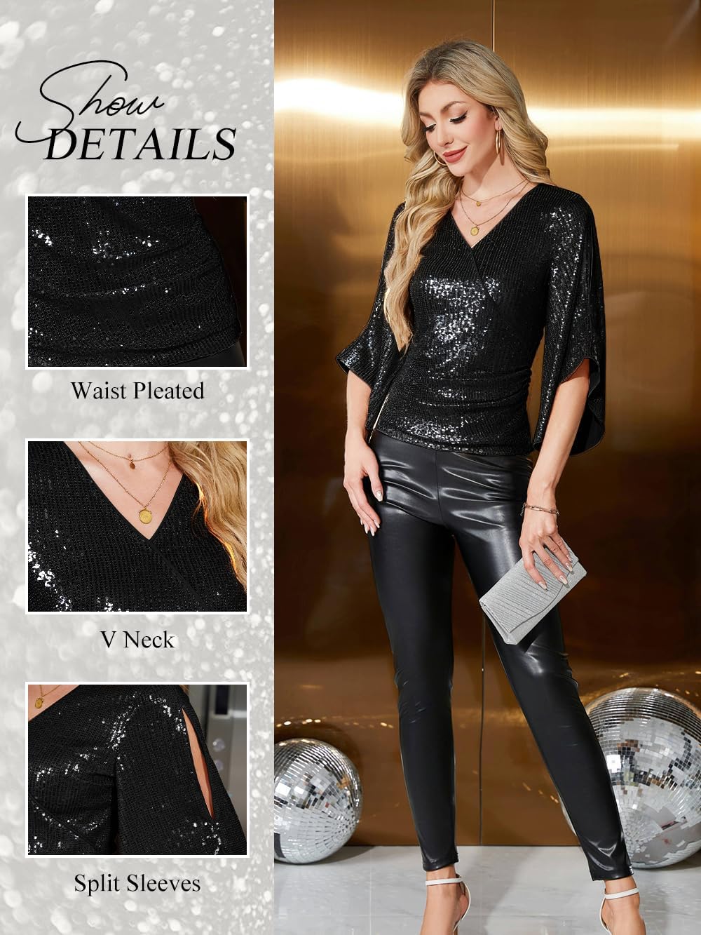 Women‘s Sequin Tops 3/4 Sleeve Glitter Sparkle V Neck Dressy Wrap Blouse Cocktail Evening Party Club Concert Shirt