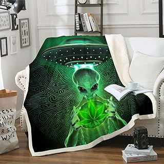 Erosebridal Trippy Alien Fleece Blanket Twin Size,Green Marijuana Sherpa Blanket Modern Psychedelic UFO Blanket Abstract Geometric Throw Blanket for Kids Teens Boys Botanical Bed Chair Decor,Fluffy
