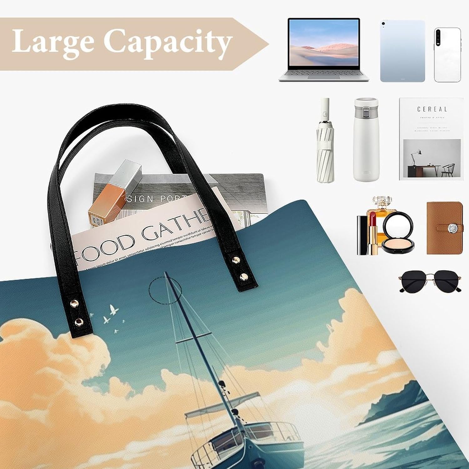 Boat Seascape Theme Handbags Large Capacity, Tote Bag Stylish Slouchy, Shoulder Bags for Work Beach Travel And Shopping Grocery.